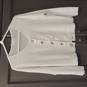 Calvin Klein silver cardigan slight crop, sparkly cover up.